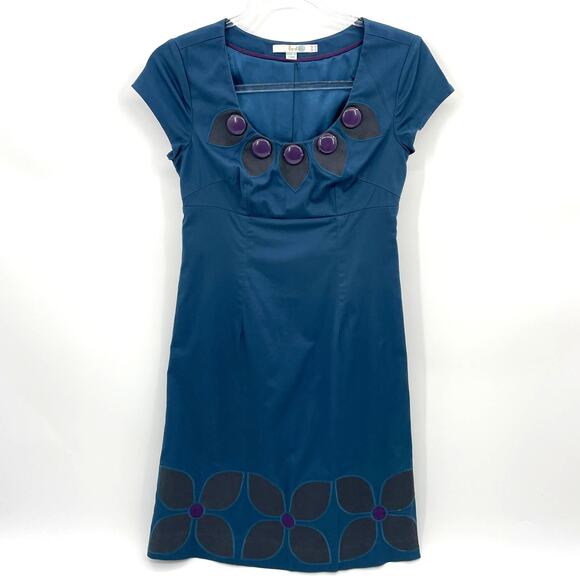 Boden Dresses & Skirts - BODEN Womens Sheath Dress Size 2P Teal Floral Retro Button Detail Fitted Lined
